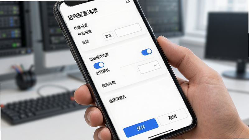 主体为手机界面展示远程配置选项,包括价格设置、出货模式选择等开关和输入框。布局为表单式设计,清晰分组。风格为极简主义,白色背景,黑色文字,关键操作按钮为品牌蓝色。细节处显示保存和取消按钮。画质清晰,界面逻辑清晰,无冗余信息,体现“友宝友客云”远程控制的便捷性与安全性,符合专业运维场景需求