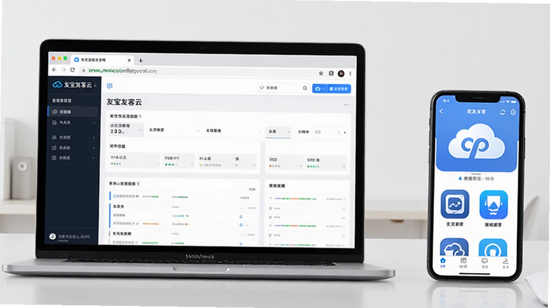 主体为笔记本电脑屏幕显示网页版管理后台,旁边放置一部手机显示APP界面。布局为左右对比,左侧电脑,右侧手机。风格为现代办公场景,背景简洁。细节处可见浏览器地址栏和APP图标。画质清晰,构图平衡,无杂乱背景,体现“友宝友客云”多端兼容的可能性,虽以移动端为主,但暗示跨平台需求