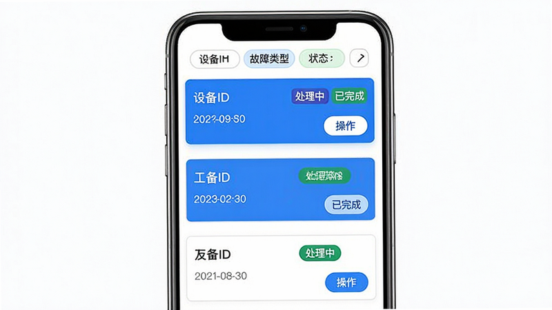 主体为手机界面展示工单列表,每条工单包含设备ID、故障类型、状态标签(如“处理中”、“已完成”)。布局为卡片式列表设计,顶部有筛选标签。风格为简洁商务风,白色背景,灰色边框,蓝色高亮选中项。细节处显示时间戳和操作按钮。画质清晰,排版整齐,无多余装饰,直观展示“友宝友客云”的工单管理流程,体现高效与规范