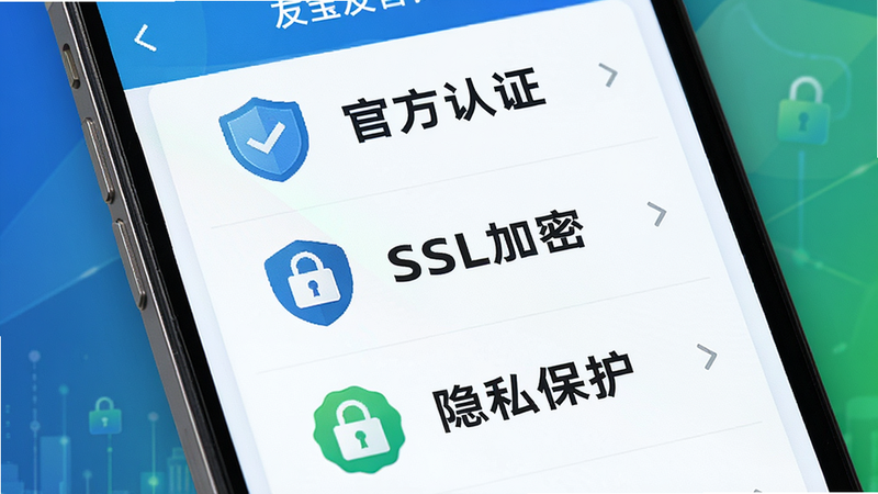 主体为手机屏幕展示安全认证页面,显示“官方认证”、“SSL加密”、“隐私保护”等图标和文字。布局为垂直排列,图标清晰,文字醒目。风格为信任感强的商务风格,使用蓝色和绿色主色调。细节处可见盾牌图标和锁形图标。画质高清,界面简洁,无多余元素,传达“友宝友客云”的安全可靠特性