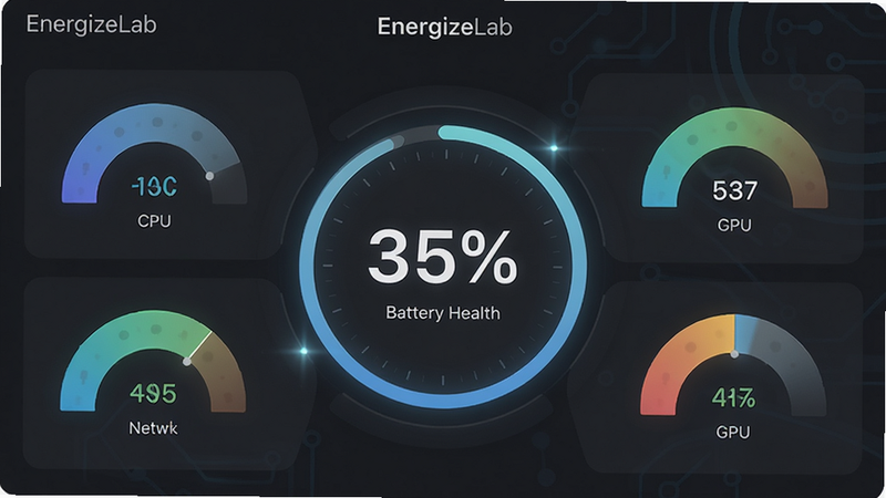主体为EnergizeLab应用的主界面截图,布局为深灰色背景的仪表盘风格,中央显示巨大的圆形电量百分比数字,周围环绕着CPU、GPU、网络三个扇形能耗指标图,排版整洁有序,风格为现代科技感扁平化设计,细节处有细微的光效点缀,画质高清,干净无多余元素,文字清晰显示