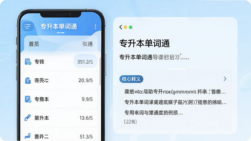 主体为“专升本单词通”APP界面展示,布局清晰整洁,左侧显示单词列表,右侧为核心释义与例句,背景采用清新的淡蓝色渐变,风格简约现代,细节处体现科技感的UI设计,画质高清,干净无多余元素,文字清晰可见“专升本单词通”