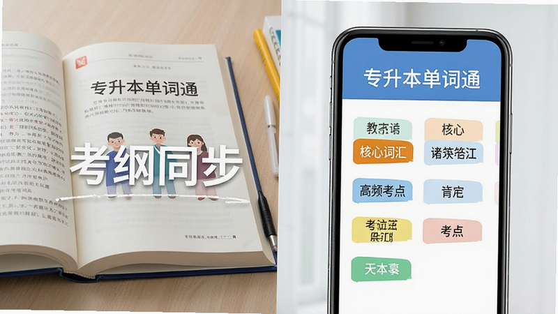 主体为书本与手机屏幕对比图,屏幕中显示“专升本单词通”的考纲词汇分类标签,布局左右分屏,排版简洁大方,风格为教育办公风,细节处突出“核心词汇”、“高频考点”标签,画质高清,干净,无杂乱背景,文字清晰“考纲同步”