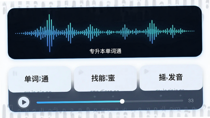 主体为音频波形与单词卡片组合,展示“专升本单词通”的语音播放功能,布局上下结构,上方为声波动画,下方为单词释义卡片,排版平衡协调,风格为清新科技风,细节处显示播放按钮与进度条,画质细腻,干净,无干扰元素,文字标注“标准发音”