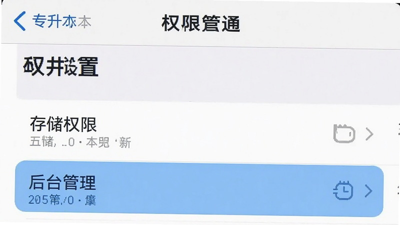 主体为手机设置界面截图,显示“专升本单词通”的权限管理页面,布局为列表式,排版清晰,风格为系统原生UI,细节处高亮“存储权限”、“后台管理”选项,画质清晰,干净,无水印,文字标注“权限设置”