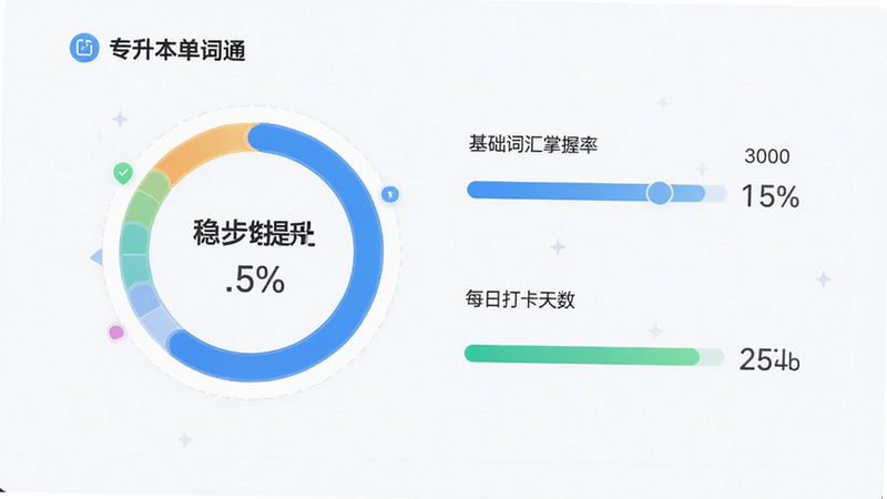 主体为学习进度仪表盘,显示“专升本单词通”的基础阶段学习数据,布局为环形图与进度条结合,排版简洁,风格为数据可视化,细节处显示“基础词汇掌握率”、“每日打卡天数”,画质高清,干净,无杂乱元素,文字标注“稳步提升”
