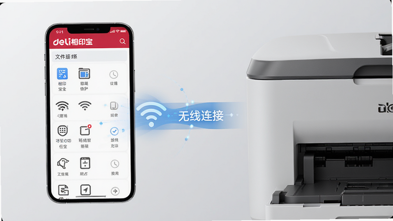 界面设计简洁的UI展示图,左侧是手机屏幕,显示得力相印宝的文件选择列表,右侧是打印机特写,中间用蓝色的数据流线条连接,背景为浅灰色渐变,强调无线连接的概念,扁平化风格,图标清晰,文字标注“无线连接”,高清,无水印,干净