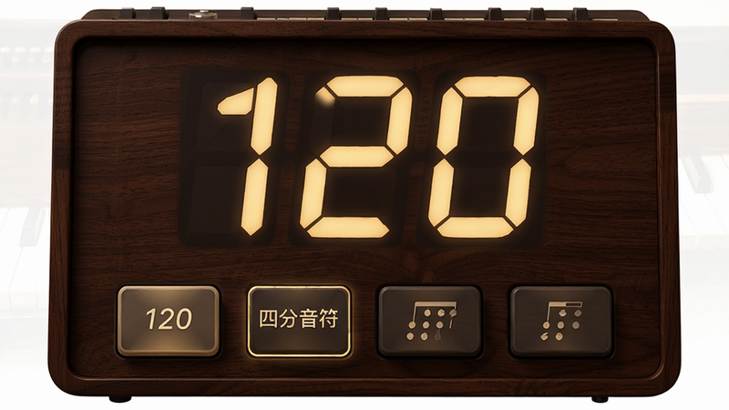 节拍器界面,中央显示大号数字“120”,下方有四个节奏型选择按钮,当前选中“四分音符”,背景为深色木纹质感,模拟真实乐器环境,风格温馨专业,布局平衡,细节逼真,画质清晰,无多余文字
