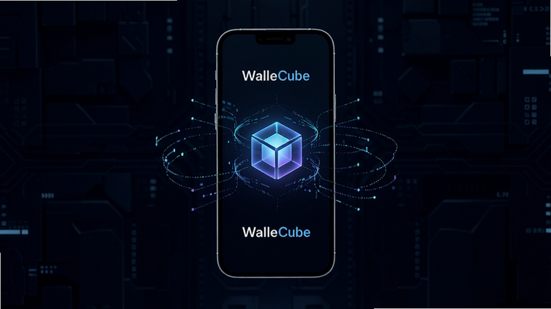 主体为一部现代智能手机悬浮在深色科技背景中央,手机屏幕显示着 WalleCube 的简洁主界面,界面中心是一个发光的立方体图标,周围环绕着动态的数据流线条,布局对称平衡,排版极简,风格为赛博朋克科技风,细节丰富,8k高清画质,干净无多余元素,文字内容为