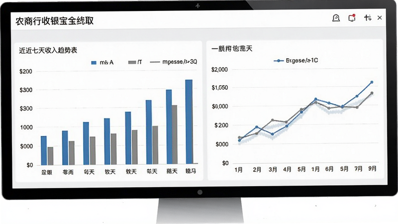 农商行收银宝的统计报表界面,显示柱状图和折线图,展示近七天的收入趋势,界面简洁专业,数据清晰,背景为浅灰色,突出数据可视化效果,高清,无多余装饰