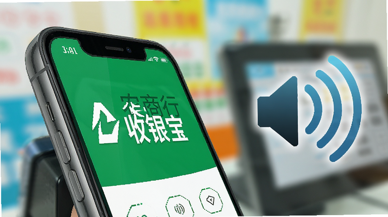 手机侧边视角,显示农商行收银宝正在运行,旁边有一个扬声器图标发出声波波纹,背景虚化,突出声音播报的功能,色彩鲜艳,细节丰富,高清,干净