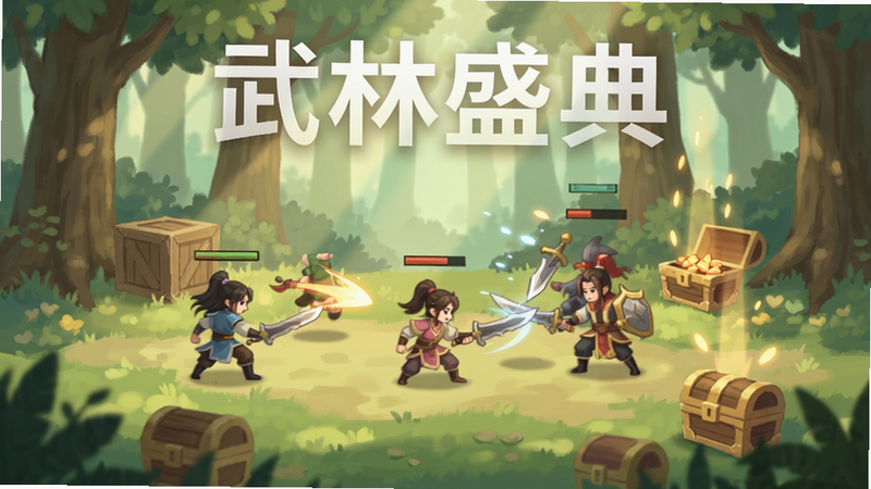 表现《武林盛典》的挂机场景,角色在野外森林中自动战斗,周围有木箱和宝箱掉落,画面温馨轻松,色调柔和,阳光透过树叶洒下,文字“武林盛典”以白色半透明字体显示在上方,风格为插画式,画质细腻,干净无噪点