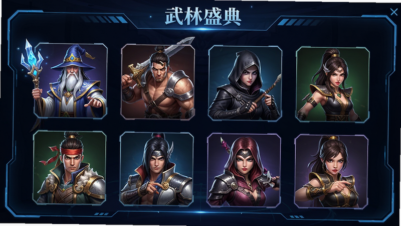 展示《武林盛典》的角色选择界面,屏幕上排列着不同职业的角色立绘,包括法师、战士、刺客等,界面设计简洁现代,带有科技感边框,背景为深色渐变,文字“武林盛典”位于顶部,风格为UI设计展示图,高清,布局整齐,无杂乱元素
