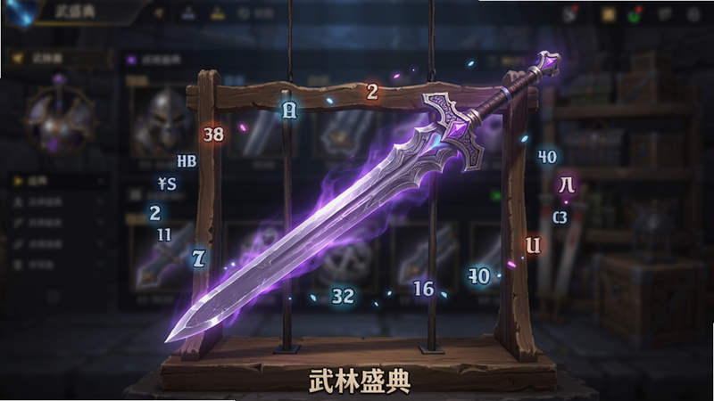 展示《武林盛典》中的装备细节特写,一把散发着紫光的长剑悬挂在展示架上,周围环绕着属性光点,背景为模糊的游戏仓库界面,文字“武林盛典”在底部小字显示,风格为物品展示图,光影效果逼真,高清,无其他干扰物