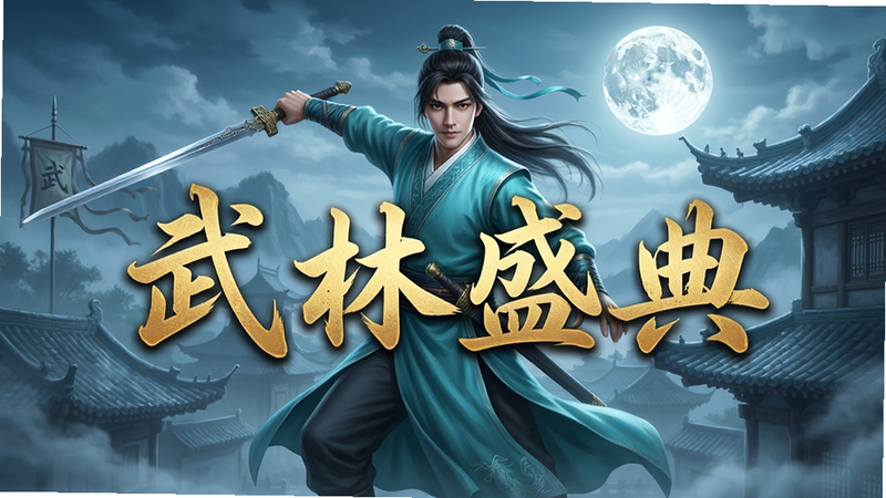 生成一张高清精美的武侠手游《武林盛典》主视觉海报,画面中央是一位身着青色劲装的剑客,手持长剑,姿态潇洒,背景是云雾缭绕的古代屋顶与明月,色彩以冷色调为主,突出江湖意境,文字“武林盛典”以金色书法字体醒目展示,构图居中,风格写实与游戏渲染结合,画质8k,细节丰富,无多余元素