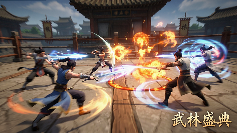 描绘《武林盛典》游戏中的激烈战斗场景,多个角色正在释放技能,画面中充满剑气、火焰等特效,色彩鲜艳对比强烈,动态模糊效果体现速度感,背景为古朴的擂台,文字“武林盛典”在角落淡淡显示,风格为3D游戏截图风格,画质清晰,无水印