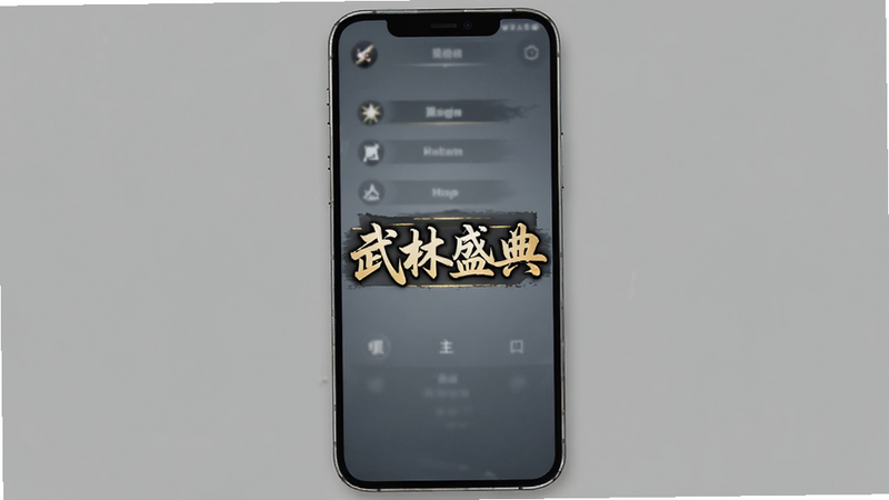 展示《武林盛典》在手机屏幕上的运行界面,手机为全面屏设计,背景为简洁的纯色,屏幕上显示游戏主菜单,文字“武林盛典”清晰可见,风格为产品实拍模拟图,光影自然,高清,无指纹污渍