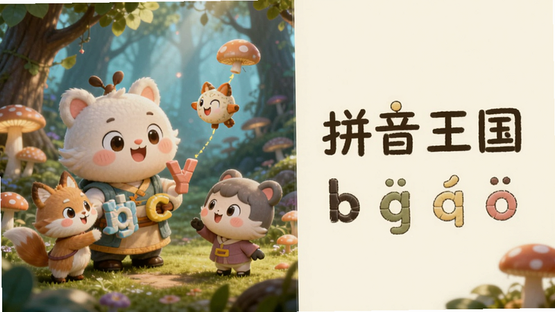 主体为故事场景插图,画面中卡通角色正在与拼音字母互动,背景是奇幻森林,布局采用左右分栏,左侧角色右侧文字,风格温馨可爱,细节精致,高清渲染,文字包含