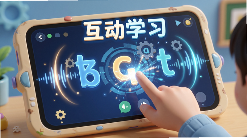 主体为互动教学界面,展示手指点击字母触发特效的瞬间,布局中心突出,周围环绕声波与光效,风格科技感与童趣结合,细节清晰,高分辨率,文字包含