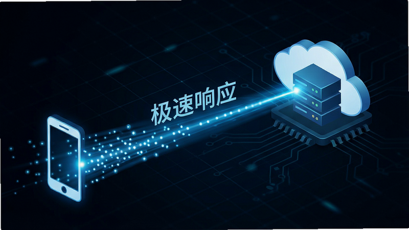 概念化数据流示意图,蓝色光点从手机图标快速流向云朵服务器图标,背景为深色科技感网格,文字标签