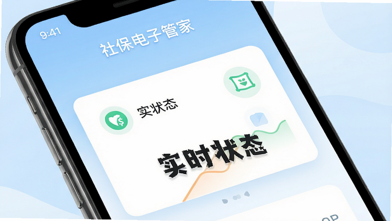 �ֻ�����չʾ�籣״̬��Ƭ������Ϊǳ��ɫ���䣬����Ϊ���籣���ӹܼҡ�APP�����ּ�࣬�Ű����������ִ���ϸ�ڰ���״̬ͼ�꣬�������������֡�ʵʱ״̬���Ӵ���ʾ���ɾ�������