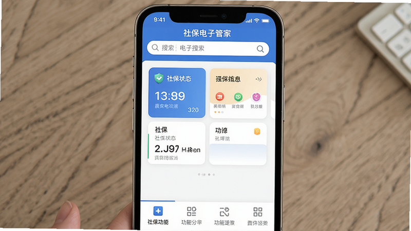 ����Ϊ�ֻ���Ļ����ʾ���籣���ӹܼҡ�APP���棬��������������Ϊ���������в�Ϊ�籣״̬��Ƭ���ײ�Ϊ���ܲ˵�������ƽ����ϸ�ھ��£����ʸ��壬�ɾ��޶���Ԫ�أ����֡��籣���ӹܼҡ������ɼ�
