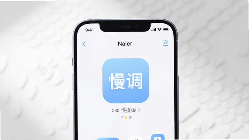 手机屏幕特写,显示“慢调”App首页界面,极简白色背景,淡蓝色UI元素,柔和光影,高清,干净,无多余元素,手机型号为现代全面屏手机,居中构图,细节清晰,4k画质