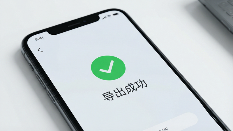 手机屏幕显示数据导出成功界面,绿色对勾图标,文字“导出成功”,背景简洁,高清,干净,无多余元素,现代UI风格,4k画质