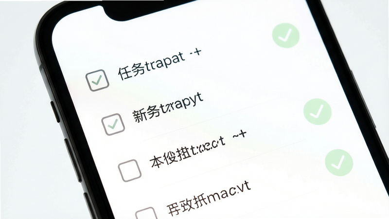 手机屏幕显示任务列表界面,简洁的复选框和文字,淡绿色完成标记,背景为纯白,字体清晰易读,极简主义设计,高清,干净,无多余元素,现代排版,4k画质