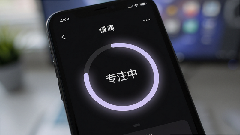 深色模式下的手机屏幕,显示“慢调”专注计时器界面,圆形进度条,淡紫色光晕,背景虚化,显示文字“专注中”,极简风格,高清,干净,无多余元素,现代UI设计,4k画质