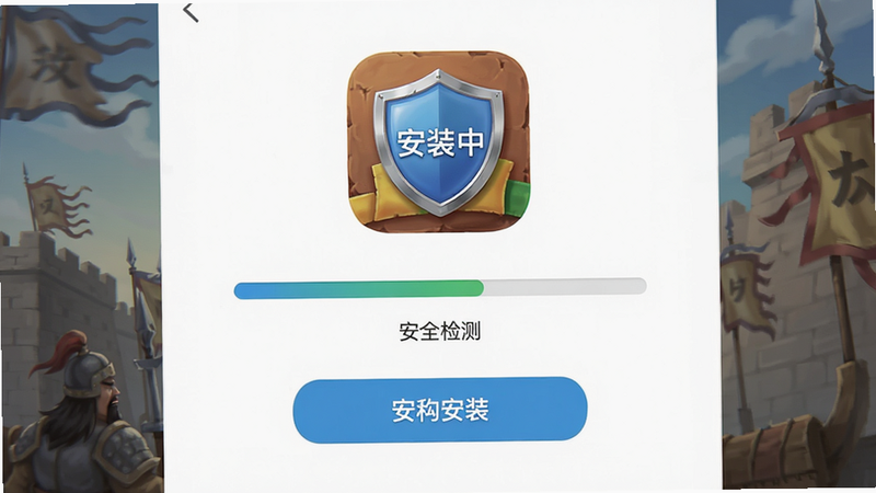 主体为攻城三国应用安装界面,布局展示进度条与安装按钮,排版居中,风格为现代简约,细节包含盾牌安全标识,文字包含“安装中”、“安全检测”字样,画质清晰,无多余元素