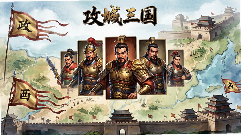 主体为攻城三国游戏主界面,布局呈现宏大战争地图,中央展示精美武将立绘,排版采用左右对称结构,风格为国风水彩与3D渲染结合,细节包含飘动的战旗与古代城池轮廓,文字包含“攻城三国”字样,画质高清,画面干净,无多余元素