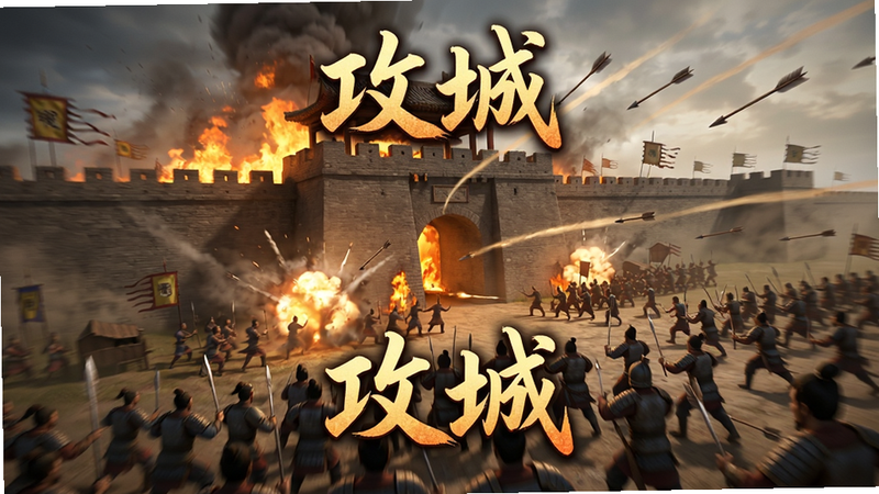主体为攻城三国实时攻城战场景,布局展示两军对垒的宏大场面,中央为燃烧的城墙与进攻的士兵,排版采用动态透视视角,风格为写实战争画风,细节包含爆炸火光与飞箭轨迹,文字包含“攻城”特效字,画质细腻,光影逼真,无多余元素