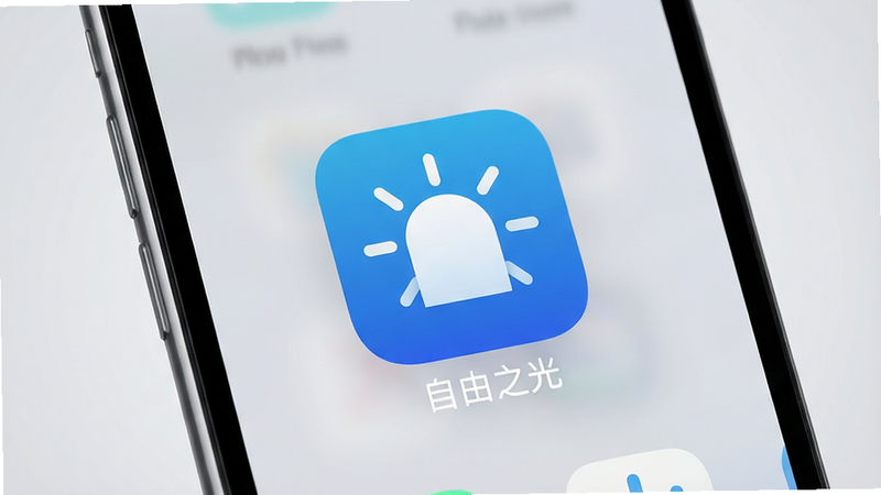 一张高清的智能手机正面特写图,手机屏幕显示着名为“自由之光”的应用图标,图标设计简洁现代,以蓝色和白色为主色调,背景为干净的浅灰色渐变,光线柔和均匀,突出屏幕内容,无多余装饰,画质清晰,细节丰富,商业摄影风格,高分辨率,干净无杂乱元素