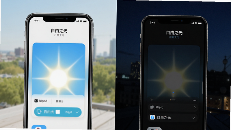 分屏对比图,左侧显示白天明亮环境下的“自由之光”应用界面,右侧显示夜间深色模式下的界面,中间有手机边框分隔,突出显示应用在不同光线下的自动适配能力,色调对比鲜明,真实感强,产品摄影风格,光影自然,无多余元素