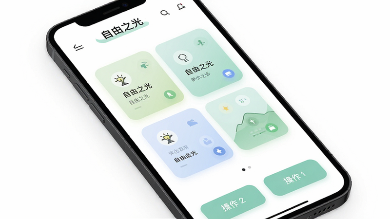 展示《自由之光》应用界面的UI设计图,界面布局清晰,顶部为导航栏,中间为核心功能卡片,底部为操作按钮,配色清新淡雅,字体清晰易读,背景为纯白色,强调简洁与高效,现代简约风格,高保真UI设计,无阴影干扰,干净利落