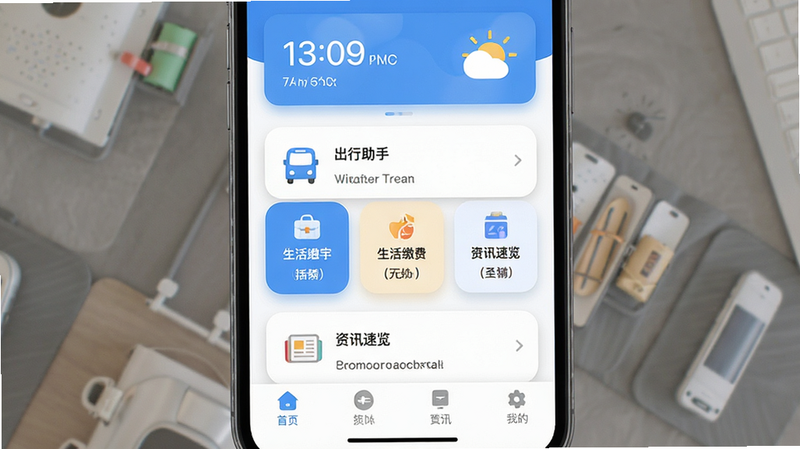 手机屏幕界面展示,顶部是时间天气卡片,中部是三个主要功能模块:出行助手、生活缴费、资讯速览,底部是导航栏,界面色调为清新的蓝白色,卡片式设计,阴影柔和,UI风格扁平化,细节精致,高清UI设计图,无多余元素,布局整齐。