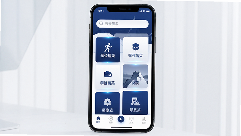 主体为手机屏幕展示“攀登精英”APP主界面,布局采用扁平化设计,顶部为搜索栏,中部为网格状功能模块,底部为导航栏,风格现代简约,色调以深蓝和白色为主,细节处带有微光质感,画质高清,干净无多余元素,屏幕中清晰显示“攀登精英”字样
