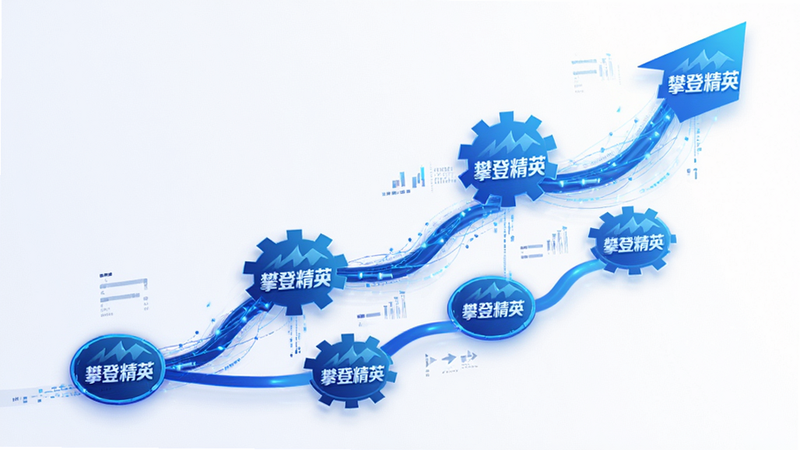 主体为抽象的任务流程图,线条流畅连接各个节点,节点上带有“攀登精英”标识,布局呈上升趋势,风格科技感强,色彩以蓝色渐变为主,细节处有数据流动效果,画质清晰,干净无多余元素,体现高效调度