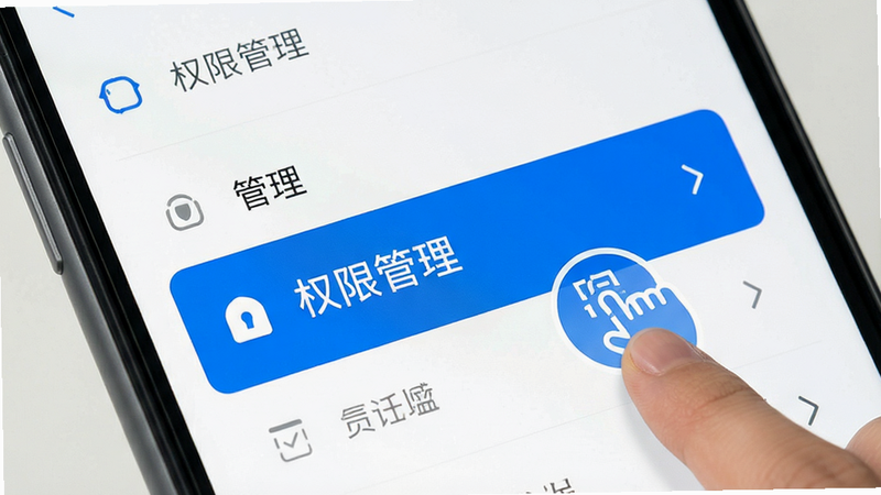 主体为手机设置界面截图,重点高亮显示“权限管理”选项,布局清晰,风格扁平化,色调为白色背景配蓝色高亮块,细节处有手指点击图标示意,画质清晰,干净无多余元素,文字显示“权限管理”