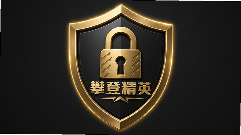 主体为盾牌图标与锁头图案,盾牌中央印有“攀登精英”Logo,布局对称稳重,风格严肃专业,色调为深灰与金色搭配,细节处有光晕效果,画质高保真,干净无多余元素,强调安全保护