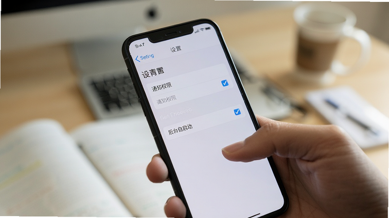 一只手握着智能手机,屏幕上显示着“设置”界面,其中“通知权限”和“后台自启动”选项被勾选,背景为模糊的学习场景,突出设置操作的细节,清晰易懂,高清实拍风格