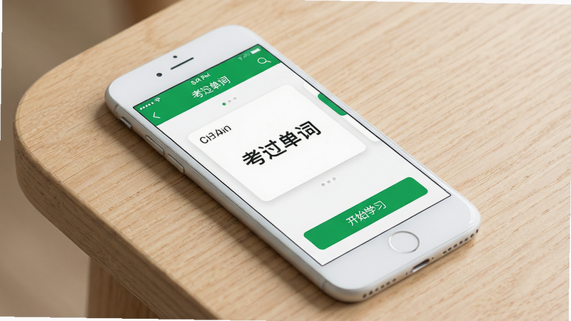 一部白色智能手机平放在浅木色桌面上,屏幕显示着“考过单词”APP的主界面,界面设计极简,以白色为底,绿色为主题色,顶部有清晰的导航栏,中间是大号的单词卡片区域,下方有“开始学习”按钮,整体风格现代、干净、高清,无多余装饰,光线柔和自然,展现专业教育软件的质感