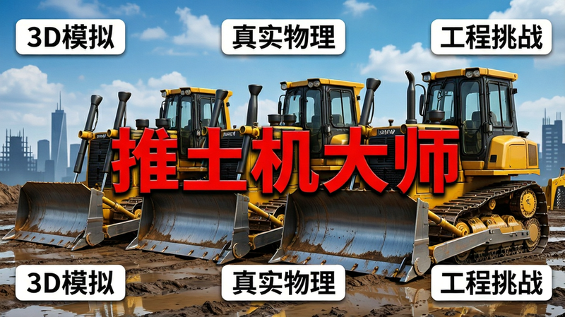 一张高清游戏宣传图,主体为三台不同型号的黄色推土机并排停在泥泞工地上,背景是蓝天白云和远处的城市建筑剪影,画面中央醒目地展示红色大字“推土机大师”,周围环绕着“3D模拟”、“真实物理”、“工程挑战”等白色小标签,整体风格写实且充满工业质感,画质4K,干净无多余元素