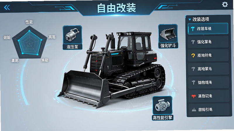 游戏车库界面,中央停放着一台经过改装的黑色重型推土机,周围环绕着各种配件图标如“液压泵”、“强化铲斗”、“高性能引擎”,界面左侧显示性能雷达图,右侧是改装选项列表,整体UI设计现代简约,蓝色科技光效点缀,文字“自由改装”居中显示,风格干净,布局整齐