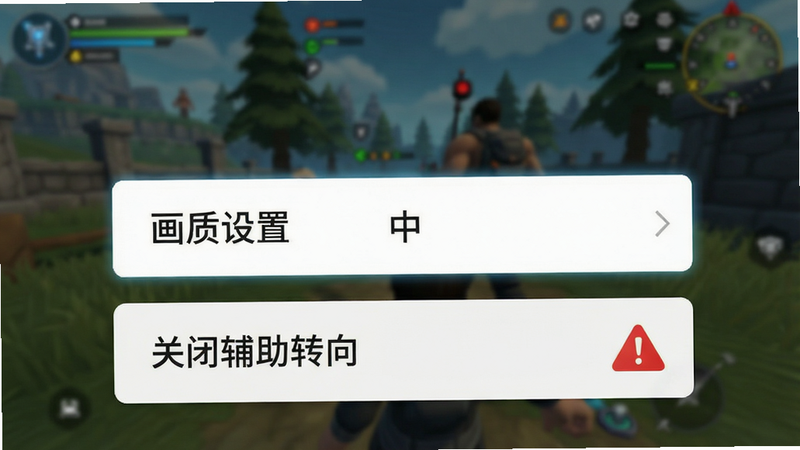 手机屏幕界面示意图,显示游戏设置菜单,高亮选中“画质设置”为“中”,下方有“关闭辅助转向”选项,旁边有一个红色警告图标,背景为模糊的游戏场景,文字清晰,风格简洁,突出设置项,无多余装饰