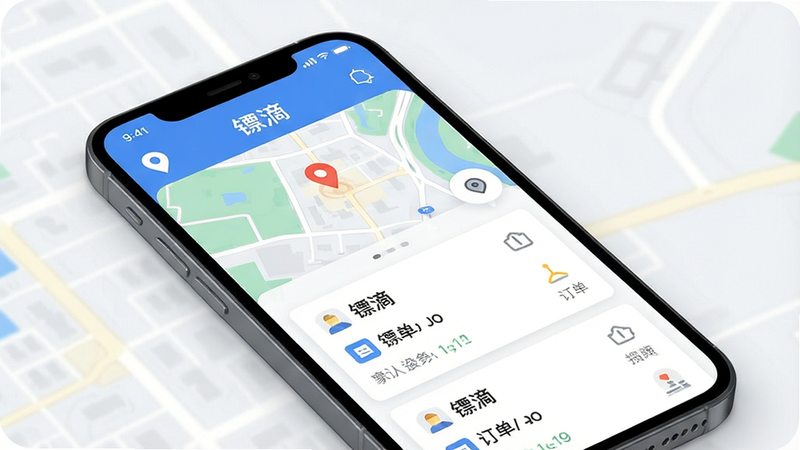 一张展示镖滴App界面的高清概念图,主体为手机屏幕显示着地图和订单列表,布局简洁现代,排版清晰,风格为扁平化科技风,细节包含定位图标和订单卡片,文字内容