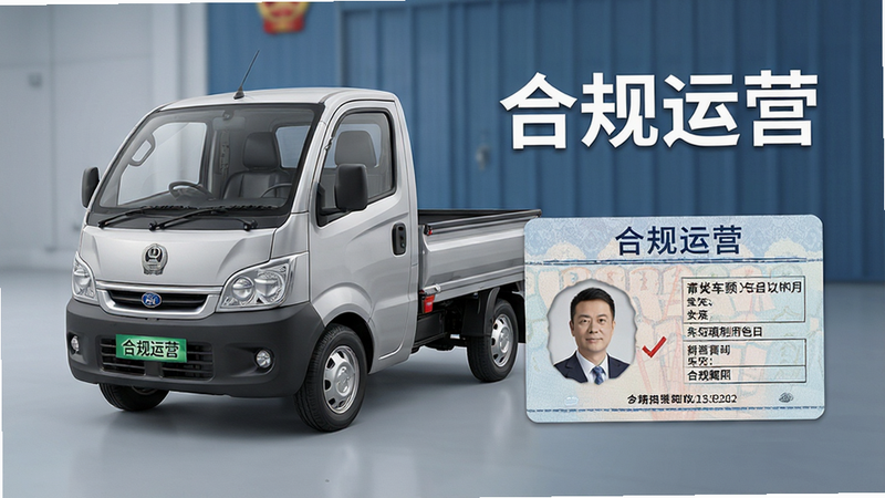 一张展示合规车辆与驾照的示意图,主体为一辆小型货车和驾驶证,布局平衡,排版正式,风格为商务写实风,细节包含车辆铭牌和证件信息,文字内容