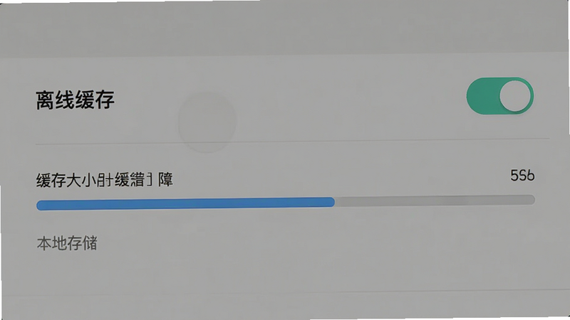 主体为设置页面界面,显示“离线缓存”开关选项,布局列表式,排版规整,风格极简主义,细节包含进度条显示缓存大小,文字标注“本地存储”,画质平滑,干净,无多余元素