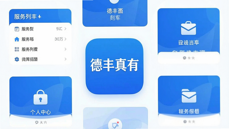 一张展示“德丰真有”应用主界面的高清截图,背景为简洁的白色,中央是醒目的APP图标,周围环绕着几个核心功能模块的缩略图,如服务列表、个人中心等,整体风格现代简约,色调以蓝色和白色为主,文字清晰可见,无多余装饰元素,画质清晰,布局规整